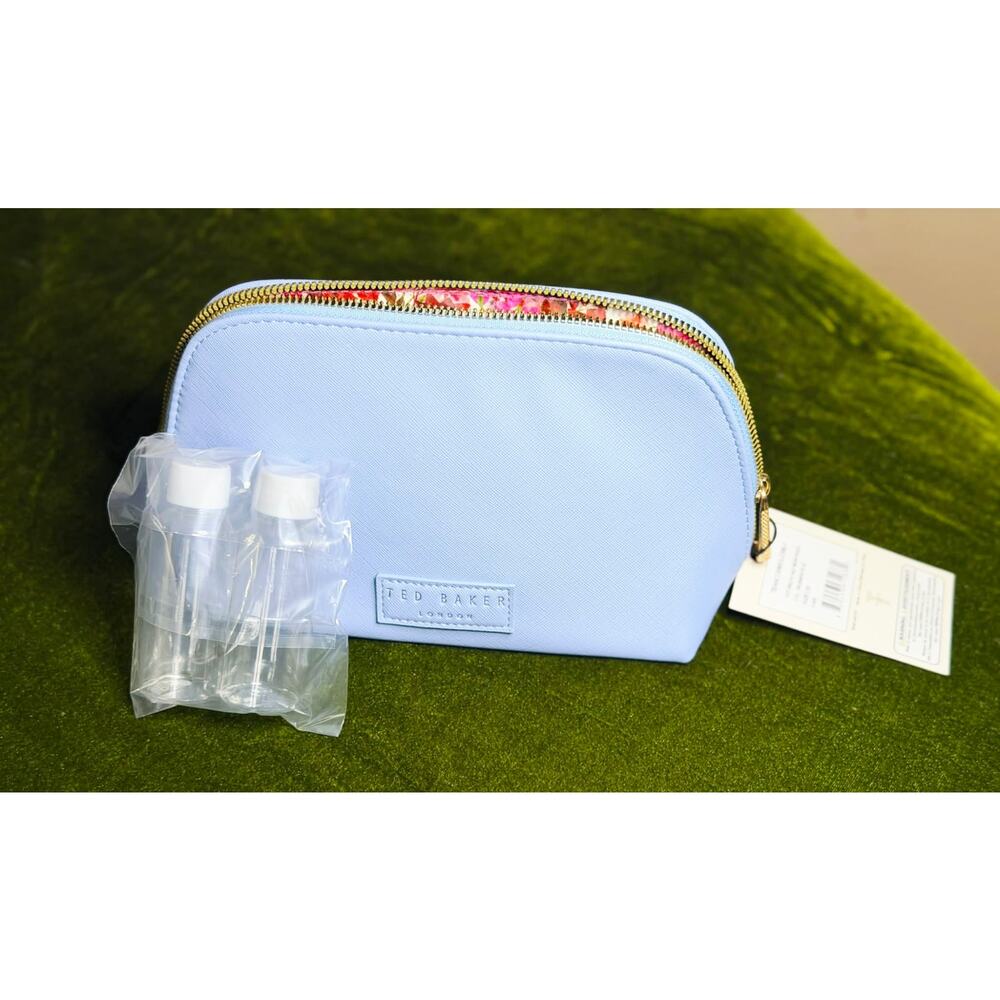 🛅 NWT Ted Baker London Powder Blue Saffiano Cosmetic Bag & Travel Bottle Set